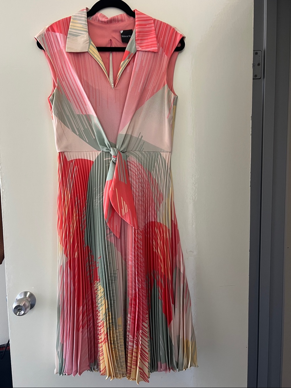 Maison Tara Coral, Pink & Sage Pleated Tie-Front Midi Dress